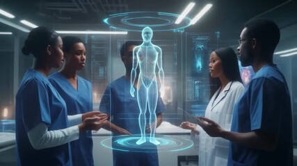 Medical professionals examining holographic human anatomy display in futuristic setting - Powered by Adobe
