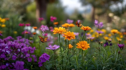 Obraz premium A vibrant garden scene showcases colorful flowers and monarch butterflies bathed in soft natural light