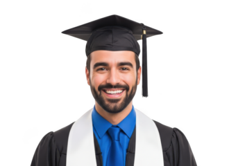 Joyful male graduate wearing academic regalia and cap with a broad smile isolated on transparent background