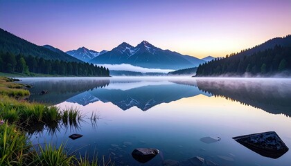 A tranquil mountain lake reflects snow-capped peaks and pine forests under a soft sunrise sky with mist hovering over the water.
