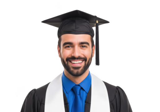 Joyful male graduate wearing academic regalia and cap with a broad smile isolated on transparent background