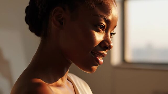 Serene Portrait of an African American Woman - Close up shot of an elegant dark-skinned woman with styled hair looking down peacefully, bathed in golden light.