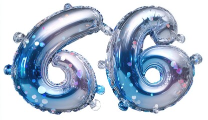 Two iridescent blue balloons shaped as the number 66