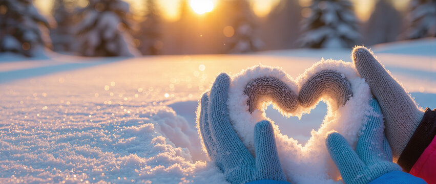 Close-up of knitted mittens shaping a snow heart in soft morning light, with a blurred snowy backdrop and cozy winter atmosphere in high textured detail.