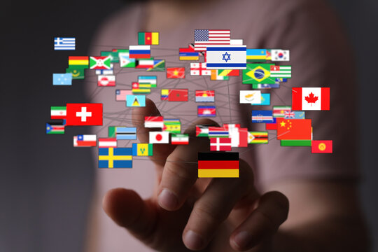 Abstract image of international network and global communication through the flags. Connecting and interacting with worldwide connections and un