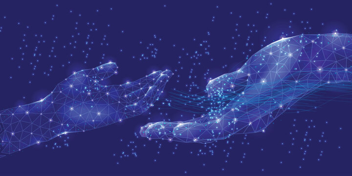 Abstract image of brotherly handshake in the form of a starry sky or space, consisting of points, lines,. Vector best deal blockchain  Global cryptocurrency business banner concept. Low poly design.