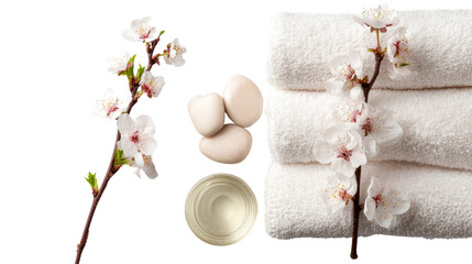 Spa towels and beauty products arranged for wellness and relaxation, showcasing luxury self-care essentials, soft textures, and serene spa ambiance isolated on white background