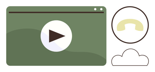 Play button on green interface, phone handset icon, and cloud element. Ideal for streaming, communication, video call, cloud storage, technology, media services simple flat metaphor