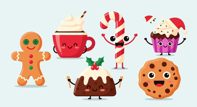 Cute Christmas Food Characters Gingerbread Man, Pudding, Cupcake, Cookie, Candy Cane, and Hot Chocolate