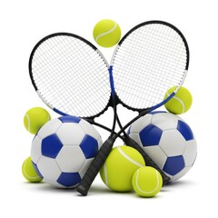 Sports equipment tennis balls soccer balls and racquets isolated on white background