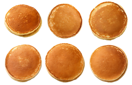 Six golden pancakes are neatly arranged on a transparent background, showing off their fluffy texture. Perfect for a hearty breakfast or brunch, these pancakes look appetizing and delicious.