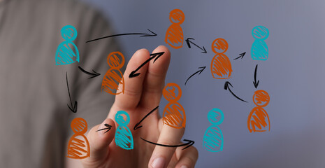 Abstract digital illustration featuring a hand interacting with a network of human figures and arrows, symbolizing social connections, teamwork,