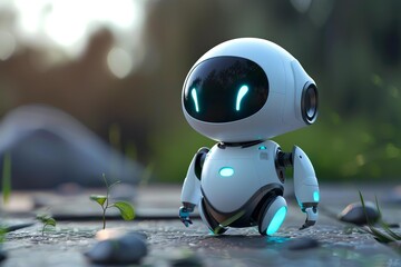 Friendly ai robot walking in the grass, admiring small green sprouts, discovering nature, exploring the world