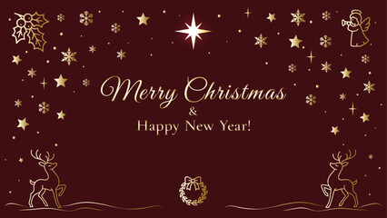 Merry Christmas and Happy New Year card with golden holiday icons, reindeer and festive stars, classic winter greeting design in warm decorative style
