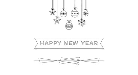 Festive holiday ornaments and banner wishing a Happy New Year with decorative elements.