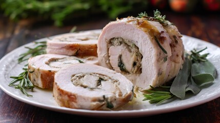Cooked turkey roulade slices with herbs on a white plate. Festive dish for holiday dinner, culinary blog, recipe book.