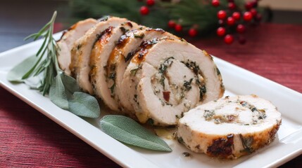 Sliced roasted turkey roulade with herb stuffing on white plate, perfect for Thanksgiving or Christmas holiday dinner, with festive decor.