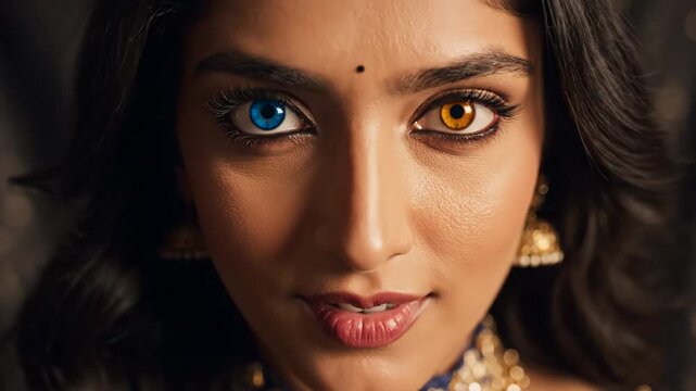 Woman with Heterochromia Eyes - A close-up shot of a woman with striking heterochromia, showcasing one blue eye and one golden eye. She has dark hair, a bindi, and is wearing traditional gold jewelry.