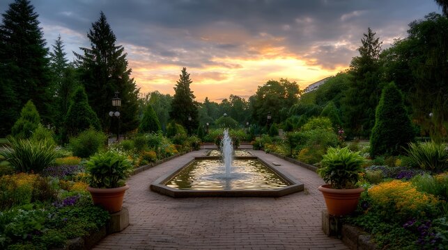 A serene garden with a water fountain at dusk featuring vibrant flowers and lush greenery under a colorful sky