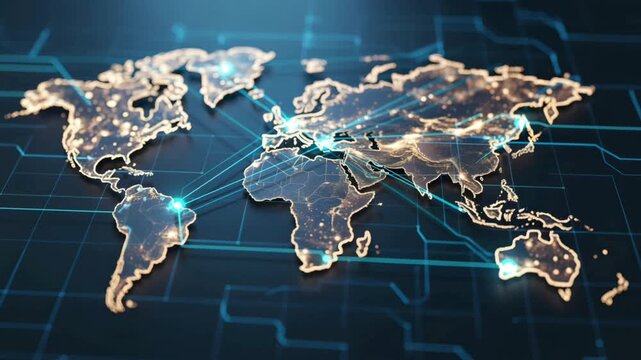 Digital world map with glowing connections and data streams, representing global network and communication