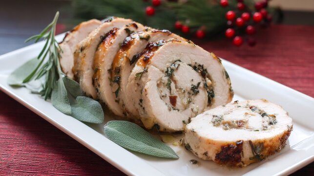 Sliced roasted turkey roulade with herb stuffing on white plate, perfect for Thanksgiving or Christmas holiday dinner, with festive decor.