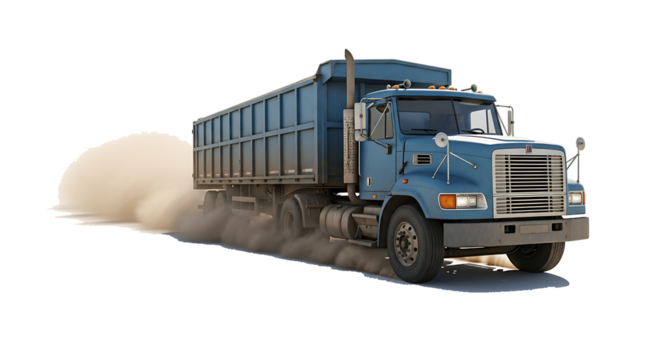 Blue dump truck with trailer kicking up dust, isolated on a white or transparent background, cutout, PNG - Powered by Adobe