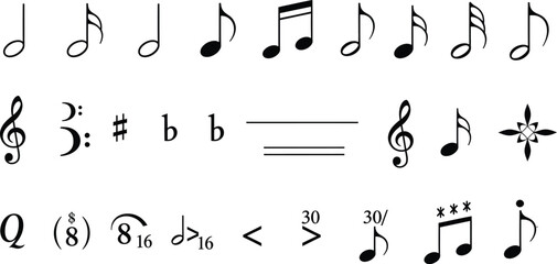 Collection of musical notation symbols including notes rests clefs sharps flats and time signatures
