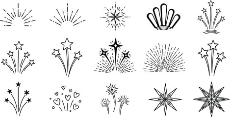 Collection of hand drawn decorative ornamental flourishes and starburst elements in black and white