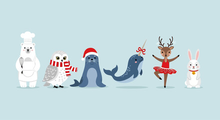 Cute cartoon animals in festive holiday attire celebrating winter holidays