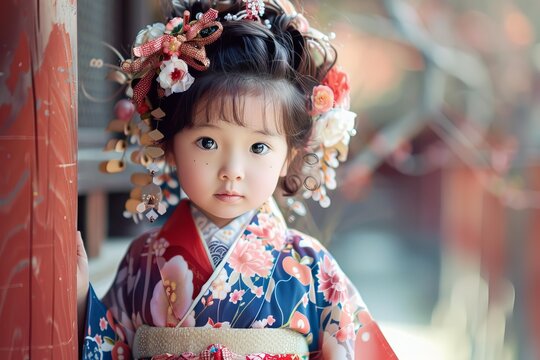 Cute little girl celebrating shichi go san, a traditional rite of passage and festival in japan for three and seven year old girls