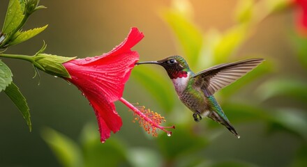 Ruby throated hummingbird feeding on a vibrant red hibiscus flower nature beauty