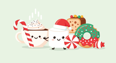 Sweet Christmas Treats Adorable Kawaii Characters of Hot Chocolate, Marshmallows, Candy Cane, Donut, and Festive Cake