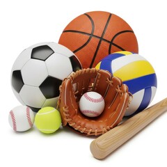 Collection of sports balls and baseball glove isolated on white background