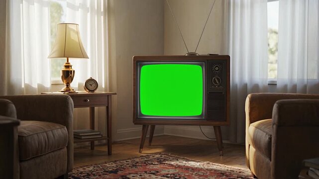 Cozy living room featuring a vintage television set with a vibrant green screen. The camera slowly zooms in, creating an inviting atmosphere.