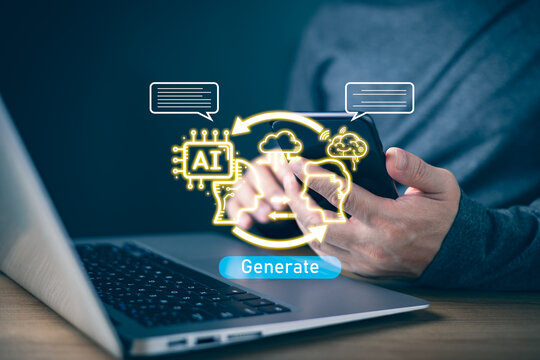 Person use smartphone and laptop with glowing AI icons, illustrating artificial intelligence generation, cloud processing, machine learning, and modern digital innovation for tech workflow.