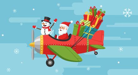 Naklejka premium Santa Claus and Snowman Flying in a Red Airplane Loaded with Christmas Presents
