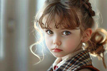 Fototapeta premium Charming young girl captivating with her beautiful green eyes and delicate braided hairstyle, exuding innocence and sweetness