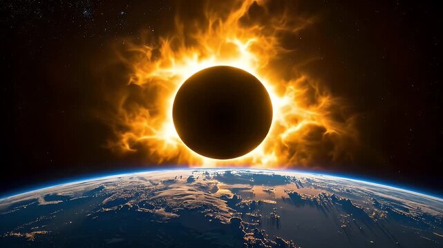 Solar Eclipse over Earth with Glowing Orange Corona in Deep Space a Black Celestial Sphere and Visible City Lights from Above Adobe Stock Photo