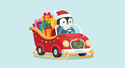 Festive Penguin Driving a Sleigh Filled with Gifts, Decorated with Christmas Lights