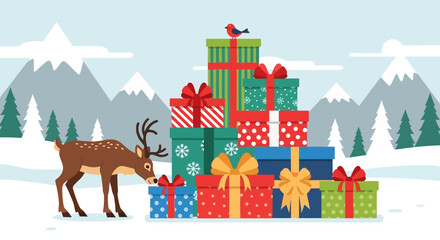 Festive deer and beautifully wrapped gifts piled high in a snowy winter landscape with mountains in the background