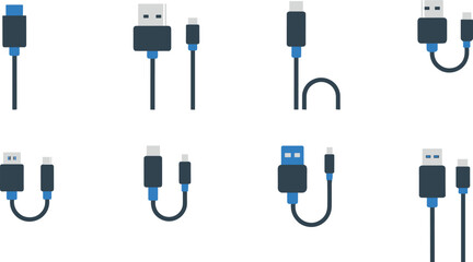 Minimalist USB and Type-C cable icons set, data transfer and charging connectors, modern flat illustration for technology design projects