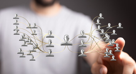 Abstract visual representation of network structure and human connections. Symbolizes teamwork, communication, and collaboration in a business o