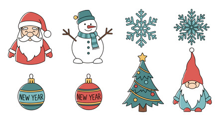 Christmas and New Year cartoon icon set. Holiday characters including Santa Claus, snowman, and gnome. Flat vector illustration isolated on a white background for collage