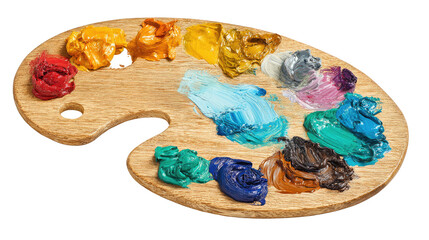 Wooden artist’s palette with vibrant oil paints arranged for painting, showcasing colorful pigments, natural wood texture, and creative artistic setup isolated on white background

