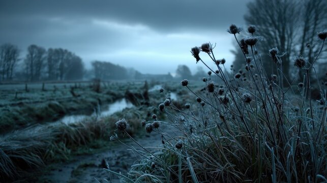 Frosty Morning Landscape with Weedy Plants and Dreary Sky Over River Scene