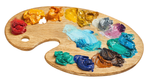 Wooden artist’s palette with vibrant oil paints arranged for painting, showcasing colorful pigments, natural wood texture, and creative artistic setup isolated on white background
