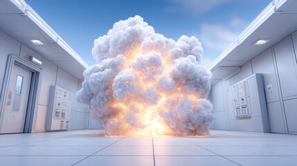 Factory Hazard Assessment, A small factory interior experiencing a fire outbreak near electrical equipment, depicting an urgent industrial emergency situation.