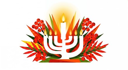 A modern illustration of a Hanukkah menorah with lit candles. Jewish holiday symbol for the Festival of Lights with festive foliage. Happy Hanukkah greeting card concept