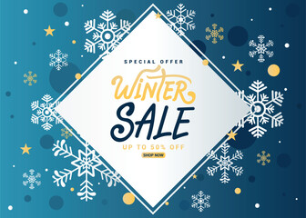 Winter sale, Christmas, and New Year banner design for posters, flyers, invitations, and backgrounds, featuring festive winter elements and snowflakes Vector illustration.