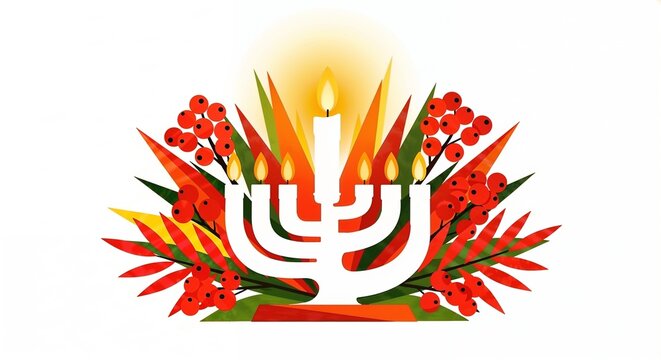A modern illustration of a Hanukkah menorah with lit candles. Jewish holiday symbol for the Festival of Lights with festive foliage. Happy Hanukkah greeting card concept - Powered by Adobe